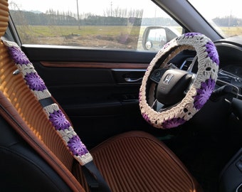 Crochet Sunflower Steering Wheel Cover, Car Accessories