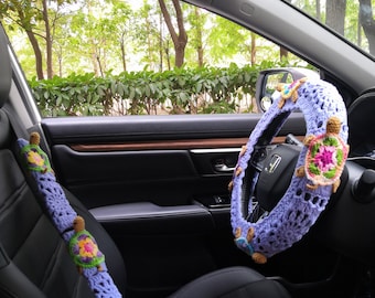 Crochet 3D Sea Turtle Car Steering Wheel Cover & Seat Belt Cover Set