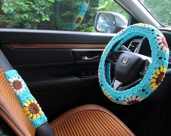 Handmade Crochet Sunflower Steering Wheel Cover (14-15in)