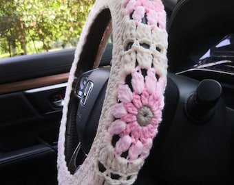 Light Pink Car Steering Wheel Cover,Crochet Sunflower Steering Wheel Cover,Cute Steering Wheel Cover,Men and Women car accessories ,car gift