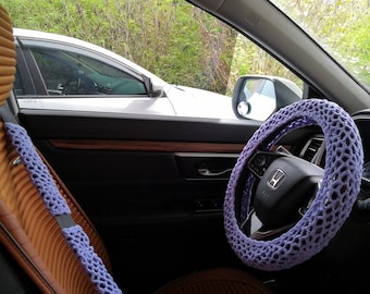 Handmade Crochet Steering Wheel Cover & Seat Belt Cover Set