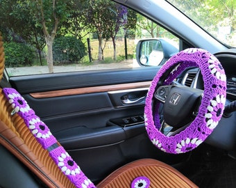Handgemaakte gehaakte paarse boze oog auto-accessoireset