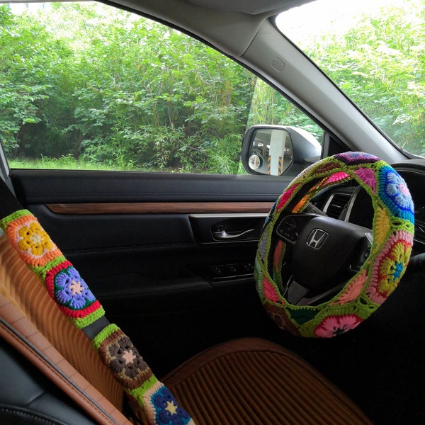 Car Steering Wheel Cover,Crochet Steering Wheel Cover For Women,Cute Steering Wheel Cover,Crochet Steering Wheel Cover and Seat Belt Cover