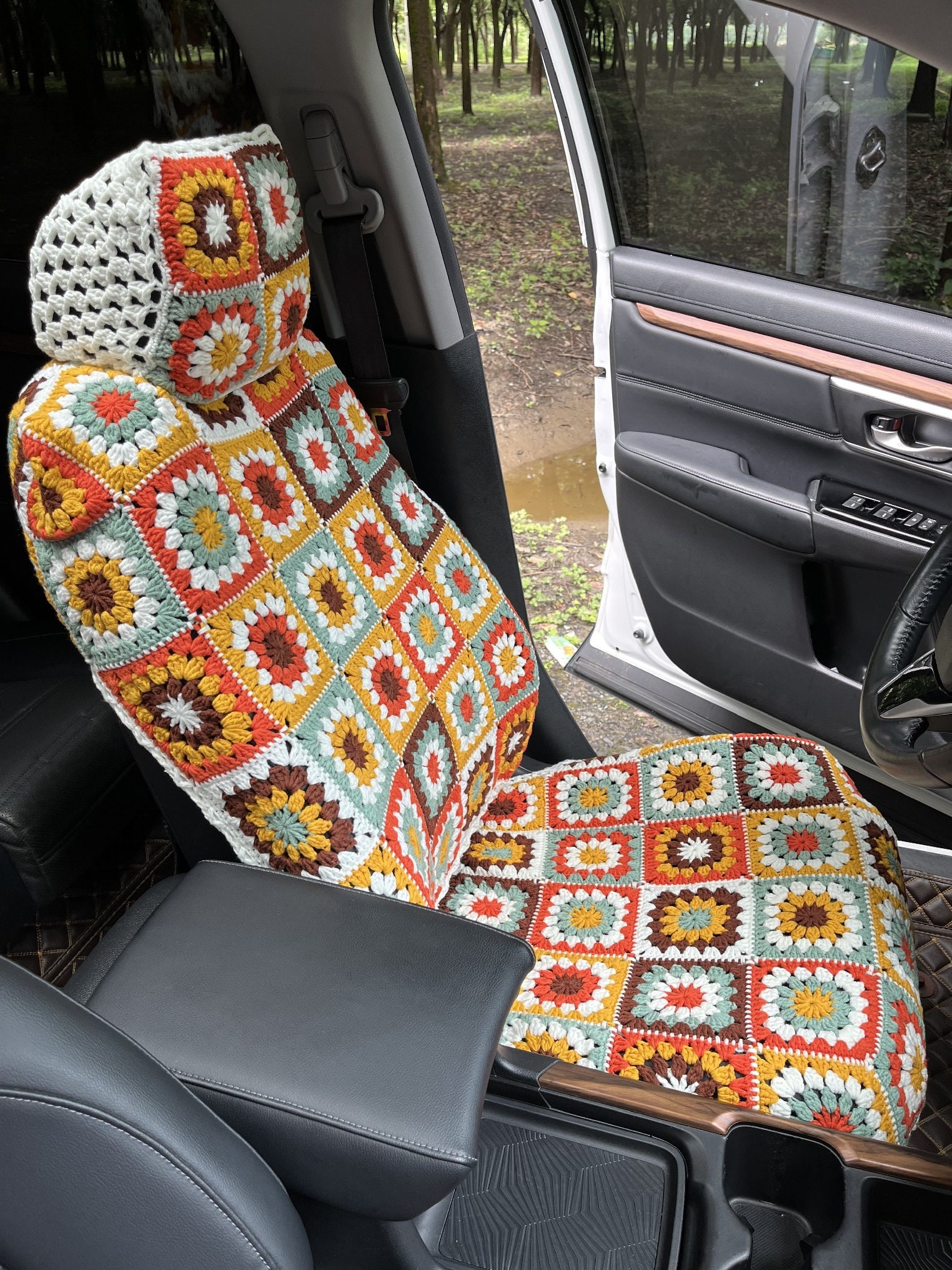 Car Seat Cover crochet Seat Covers rainbow Granny Square Steering Wheel Cover Seat Cover Headrest Covers Car Accessories car Interior Design Etsy