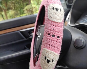 Crochet Litter Bear Steering Wheel Cover,Pink Car Steering Wheel Cover,Wheel Cover For Women,Cute Steering Wheel cover,Car Seat Belt cover