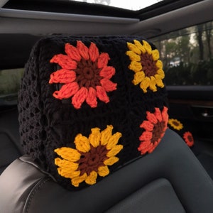 Car Seat Headrest Covers,Sunflower Headrest Cover,Crochet Steering Wheel Cover Headrest Cover Set,Sunflower Car Cover Set For Women and men