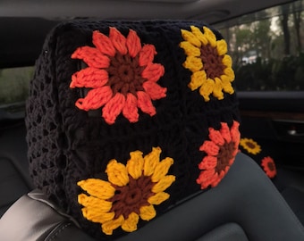 Crochet Sunflower Car Headrest Cover: Handmade Auto Accessory