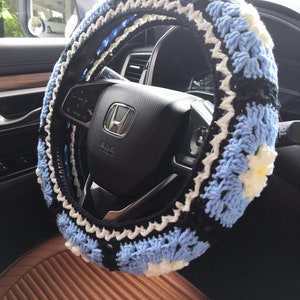 Crochet Daisy Steering Wheel Cover,Steering Wheel Cover,Steering Wheel Cover For Women,Crochet Steer Wheel Cover,Blue Steering Wheel Cover