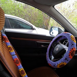 Crochet Sunflower Steering Wheel Cover For Women,Steering Wheel Cover,Steer Wheel Cover,Sunflower Seat belt cover,Cute Steering Wheel Cover