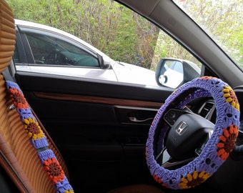 Funda de volante de girasol tejida a crochet: accesorio para coche hecho a mano