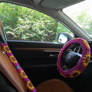 Crochet Sunflower Steering Wheel Cover,Sunflower Crochet Seat Belt Cover,Steering Wheel Cover For Women,Cute Steering Wheel Cover,Car deco