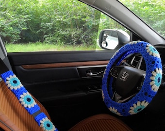 Gehaakte stuurhoes en gordelhoes met boze oog: auto-accessoires dames