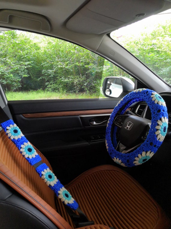 Evil Eye Blue Steering Wheel Cover For Women, Crochet Wheel Cover
