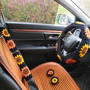 Car Cup Coaster and Steering Wheel Cover For Women,Crochet Sunflower Steering Wheel Cover for car,Cute Steering Wheel Cover,Gift for her