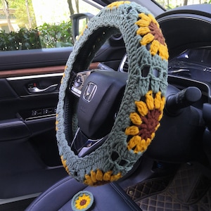 Gehäkelte Lenkradabdeckung für Frauen, niedliche Sonnenblume Sicherheitsgurtabdeckung, häkeln Autountersetzer, handgemachte Autolenkradabdeckung, Geschenk für sie