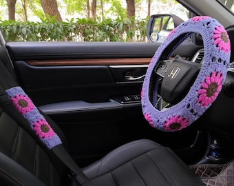 Crochet Sunflower Car Accessory Set: Steering Wheel Cover & Seatbelt Cover