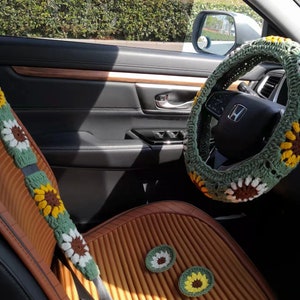 Crochet Car Coaster and Steering Wheel Cover For Women,Crochet Sunflower Steering Wheel Cover for car,Cute Steering Wheel Cover,Gift for her