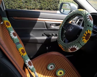 Crochet Car Coaster and Steering Wheel Cover For Women,Crochet Sunflower Steering Wheel Cover for car,Cute Steering Wheel Cover,Gift for her