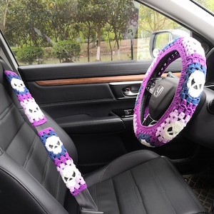 Skull Steering Wheel Cover,Car Steering Wheel Cover,Wheel Cover For Women,Cute Steering Wheel cover,Purple seat belt cover,Car Decor Cover