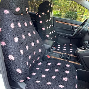 Crochet Sunflower Car Accessory Set: Seat Cover, Steering Wheel Cover