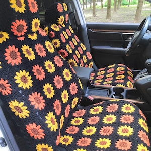 Car Seat Covers,Handmade Crochet Sunflower Seat covers,Car Front Seat Headrest Covers Car Accessories Set,Cute Seat covers Wheel Cover Set