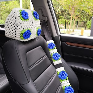 Crochet Rose Flower Headrest Covers,Car Seat Headrest Covers Steering Wheel Cover,Seatbelt cover Set For Women,3D Roses Steering Wheel Cover