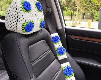 Crochet Rose Flower Headrest Covers,Car Seat Headrest Covers Steering Wheel Cover,Seatbelt cover Set For Women,3D Roses Steering Wheel Cover