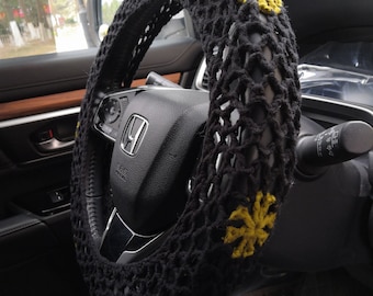 Crochet Steering Wheel Cover: Black Sunflower Car Accessory