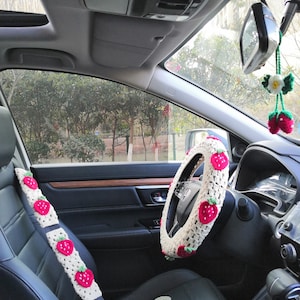 Strawberry Crochet Car Steering Wheel Cover,Strawberry Safety Steering Wheel, Cute Steering Wheel Cover,Car Accessories,car seat belt cover