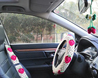 Strawberry Crochet Car Steering Wheel Cover,Strawberry Safety Steering Wheel, Cute Steering Wheel Cover,Car Accessories,car seat belt cover