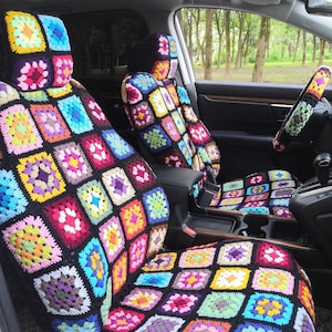 Crochet Granny Square Seat Cover,Car Seat covers,Granny Square Steering Wheel Seat Cover Headrest Cover Car Accessories,Car Interior Design