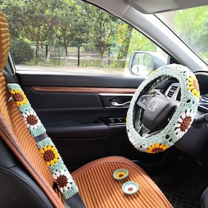 Sage Green Car Steering Wheel Cover and Coaster,Crochet Women Sunflower Steering Wheel Cover,Car Seat Belt Cover,Cute Steering Wheel Cover