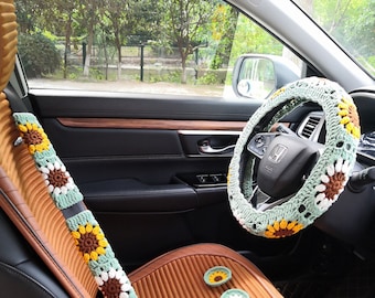 Sage Green Car Steering Wheel Cover and Coaster,Crochet Women Sunflower Steering Wheel Cover,Car Seat Belt Cover,Cute Steering Wheel Cover