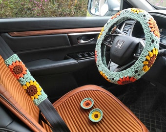 Car Coaster and Steering Wheel Cover set,Women Crochet Car Coaster,Crochet Sunflower Steering Wheel Cover for car,Cute Steering Wheel Cover