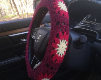 Steering Wheel Cover,Crochet Sunflower Steering Wheel Cover,Wine Red Steer Wheel Cover For Women,Cute Steering Wheel Cover,Gifts For Her