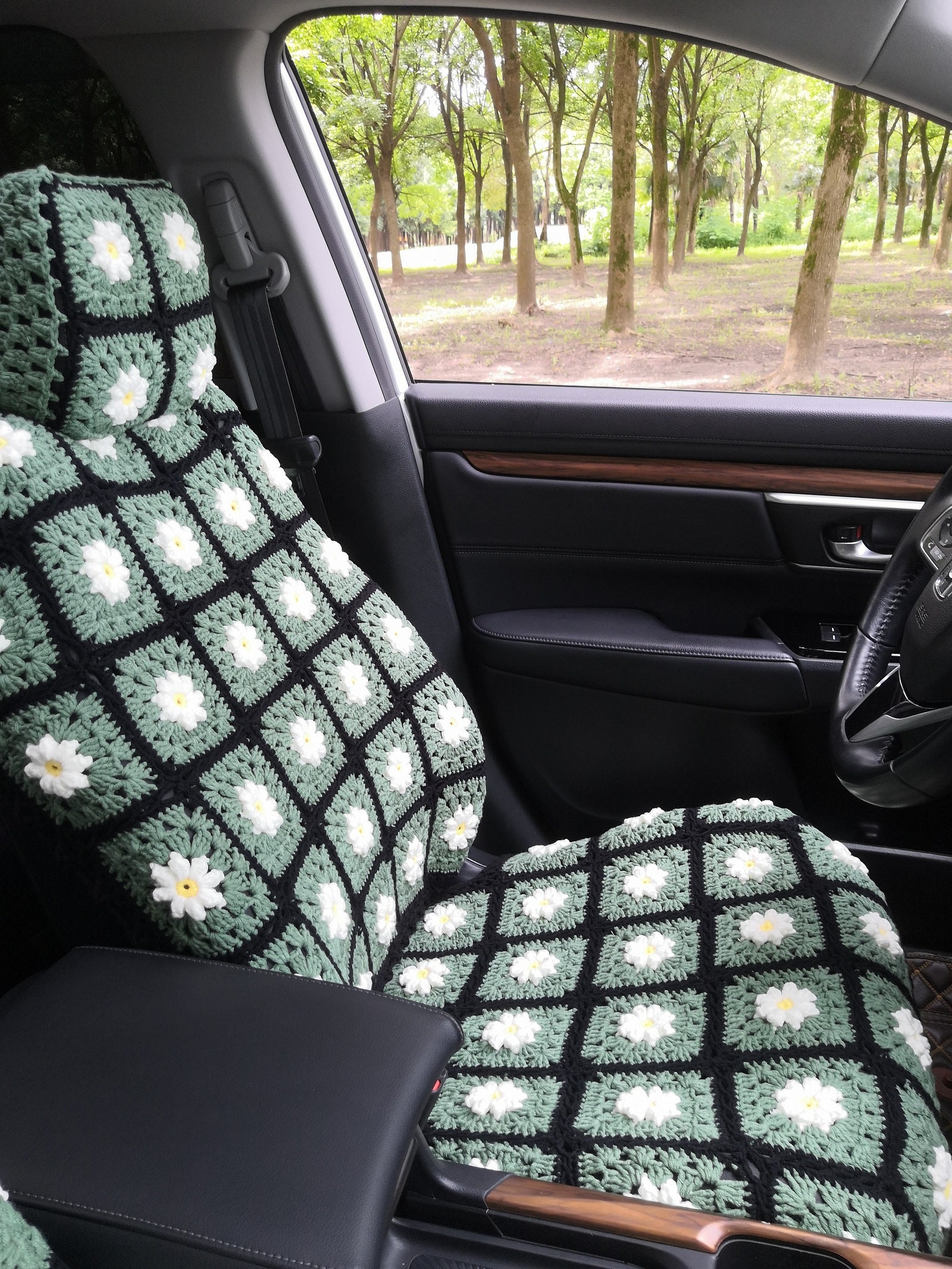 ハンドメイドクロシェデイジーカーシートカバーセット：カー