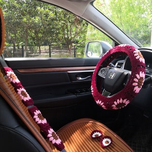 Car Steering Wheel Cover and Coaster,Crochet Sunflower Steering Wheel Cover For Women,Steering Wheel Cover and Seat Belt Cover,Gift for her