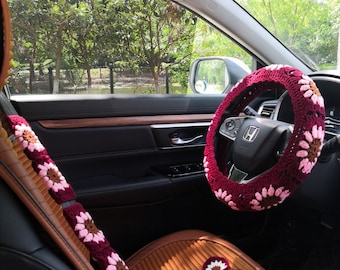 Ensemble d'accessoires de voiture tournesol au crochet : couvre-volant et sous-verres
