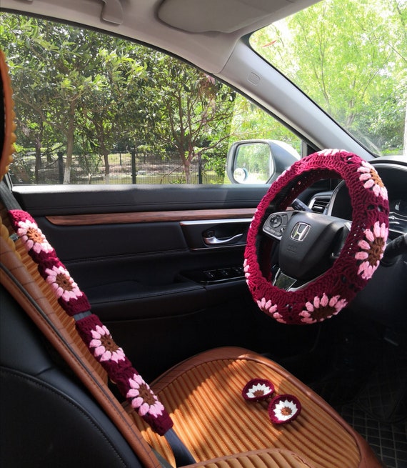 Crochet Sunflower Car Accessory Set: Steering Wheel Cover & Coasters