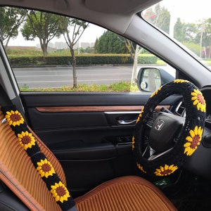 Crochet Sunflower Steering Wheel Cover For Car,Sunflower Seatbelt cover,Black Steering Wheel Cover,Crochet car accessories,personalized gift