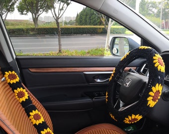 Gehäkelter Sonnenblumen-Lenkradbezug für Auto, Sonnenblumen-Sicherheitsgurtbezug, schwarzer Lenkradbezug, gehäkelte Autozubehör, personalisiertes Geschenk