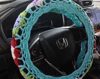 Handmade Crochet Steering Wheel Cover: Colorful Car Decor