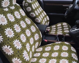 Crochet Sunflower Sitzbezüge, Autositzbezüge, vordere volle Sitzabdeckung Lenkrad Kopfstütze Abdeckung Autozubehör, Car Interior Design Abdeckung
