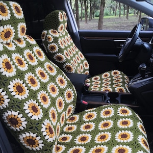 Sunflower Seat Covers,Crochet Car Seat covers,Car Front Seat Headrest Covers Car Accessories ,Cute Seat covers Wheel Cover Set,Gift For Her