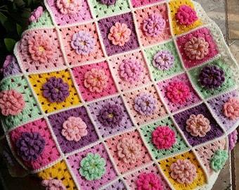 Handmade Crochet Granny Square Blanket: Floral Afghan Throw