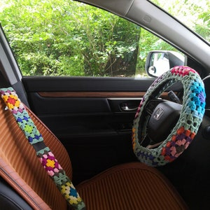 Crochet Granny Square Steering Wheel Cover,Granny Square Crochet Seat Belt Cover,Steering Wheel Cover For Women,Cute Steering Wheel Cover