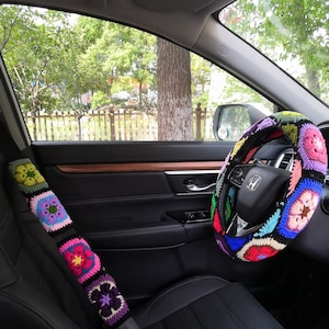 Hexagon Flower Steering Wheel Cover,Crochet Steering Wheel Cover For Women,Car Seatbelt cover,Flower steer wheel,Cute Car Steer Wheel Cove