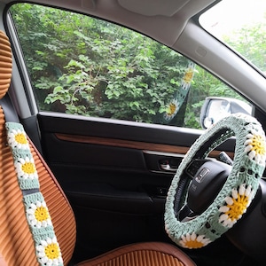 Steering Wheel Cover,Sunflower Steering Wheel Cover,Crochet Steering Wheel Cover,Steering Wheel Cover For Women,Cute Steering Wheel Cover C A+2 belt cover