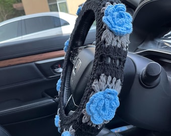 Blue Roses Steering Wheel Cover,Crochet Car Accessory,Flower Steering Wheel Cover Seat Belt cover For Women Girl