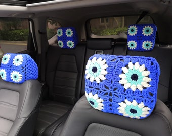 Headrest Covers,Car Steering Wheel Cover,Crochet Seat Headrest Cover Set,Sunflower headrest cover,Car Decor Cover seat cover,crochet car set
